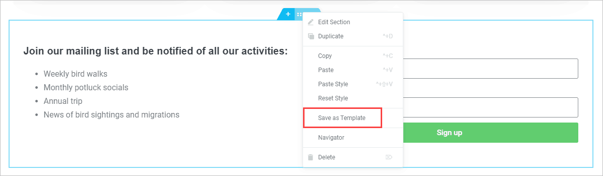 elementor save section as template