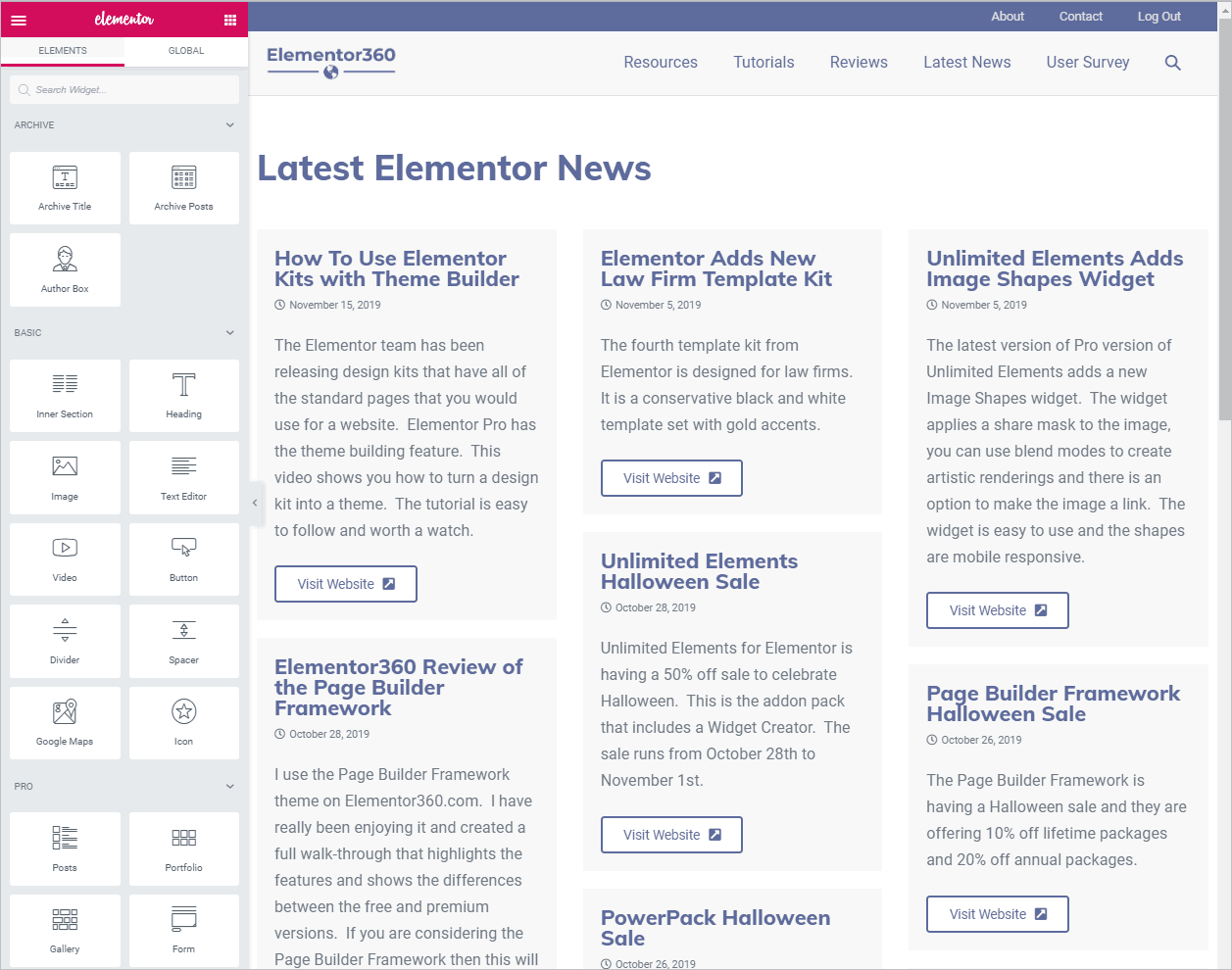 original news archive in the Elementor editor