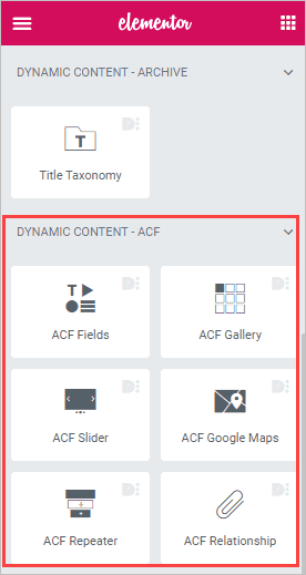 list of dce widgets for acf
