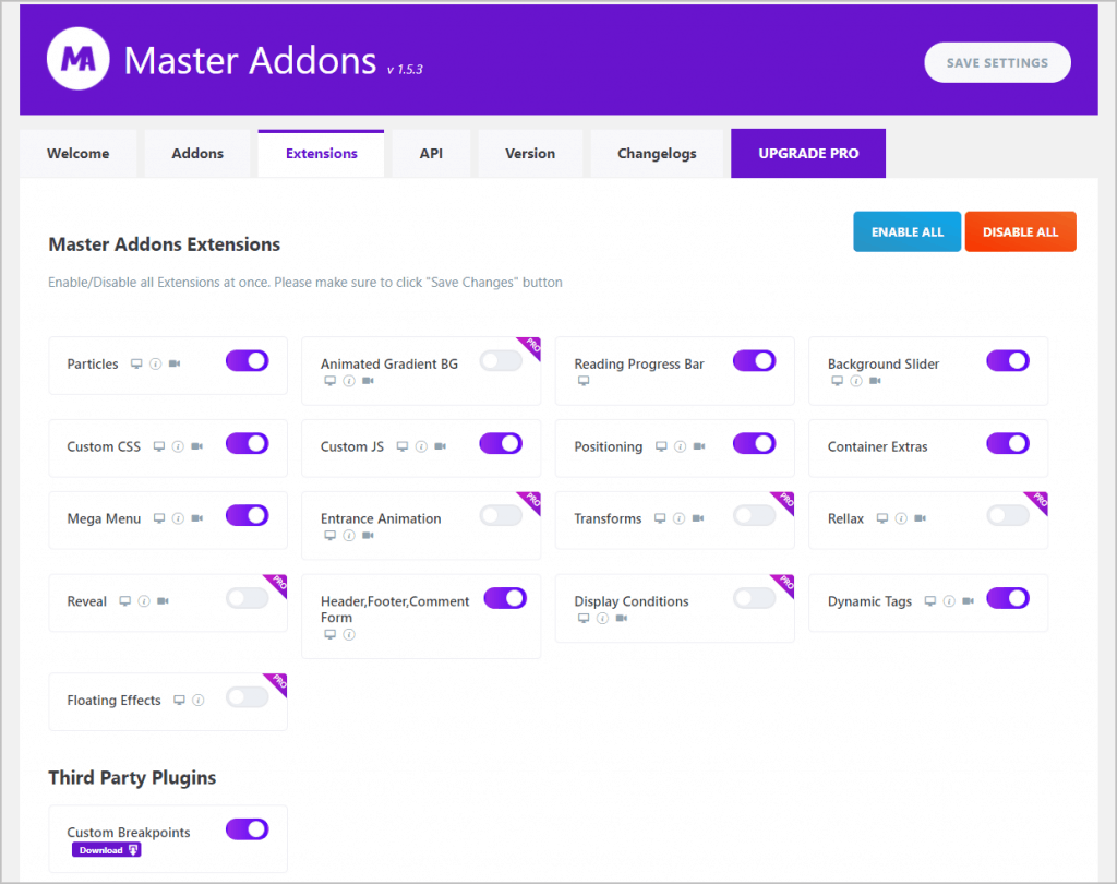 Master Addons Settings Extensions