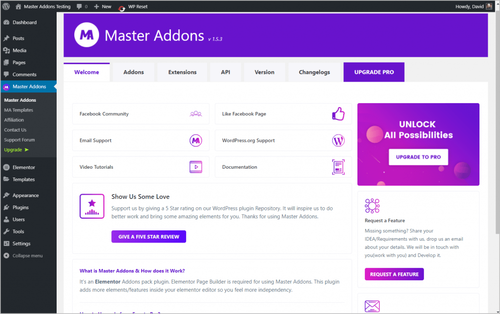 Master Addons Settings Welcome