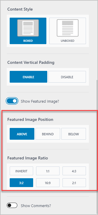 Featured Image Options Shown On Toggle