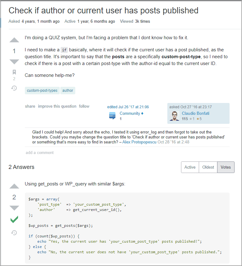 Stackexchange Post About Checking If Logged In User Has Posts