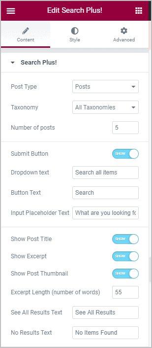 Search Plus Content Settings