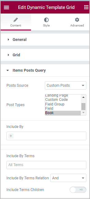 dynamic template grid query settings