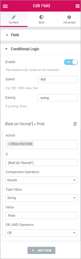 PAFE conditional display settings