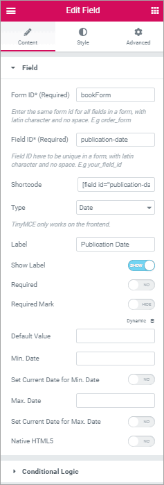 PAFE form field settings