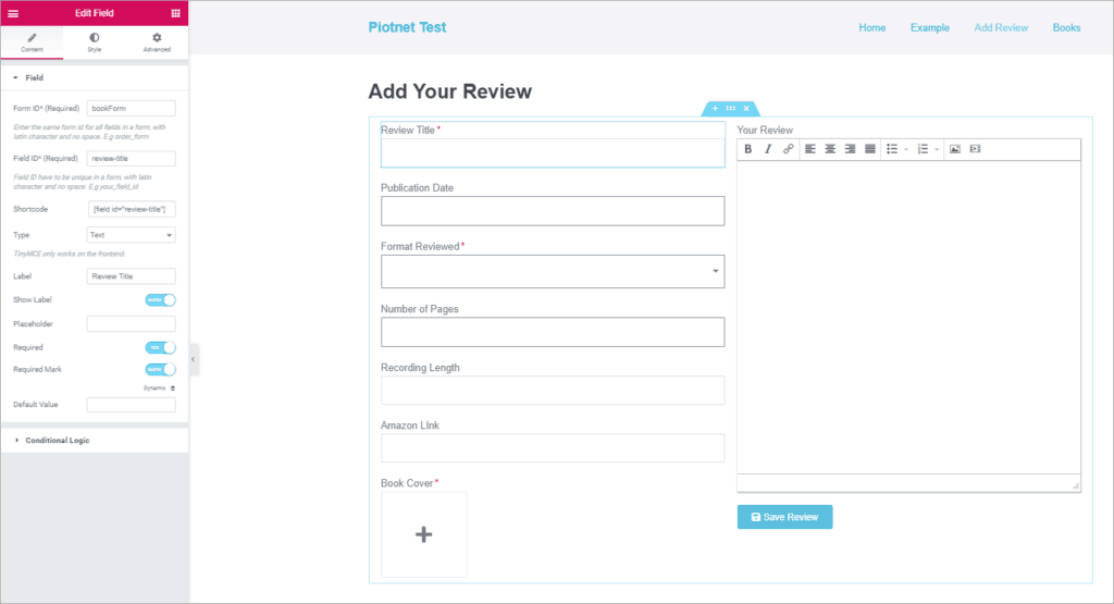 PAFE form in editor