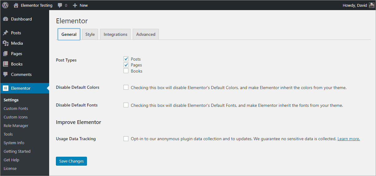 elementor default general settings