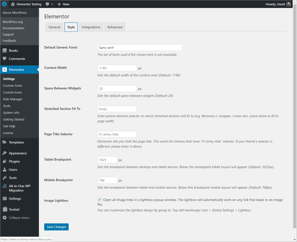 elementor default style settings