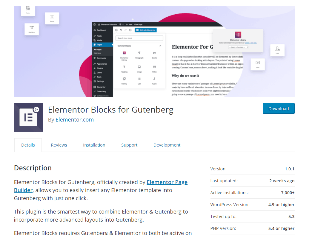 Elementor Blocks for Gutenberg plugin