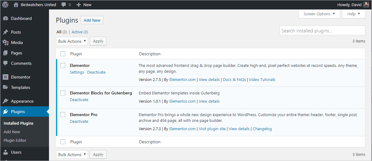 test site installed plugins