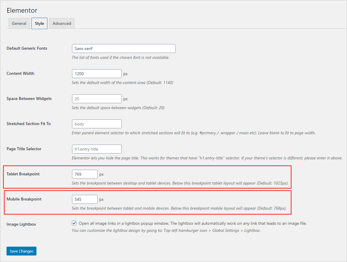 Astra Elementor Breakpoints