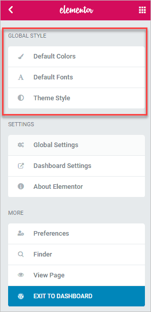 Elementor Global Styles Menus