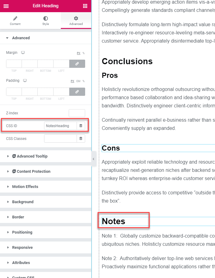 Elementor Pro Style Adding Notes Id