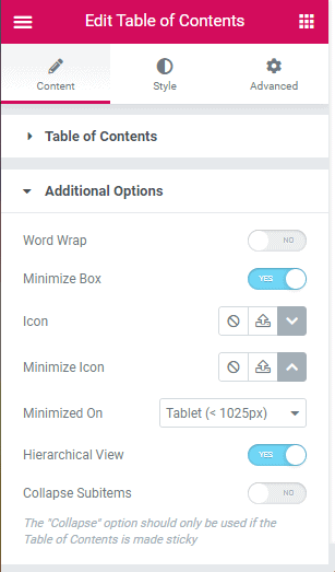 Elementor Pro Toc Additional Options