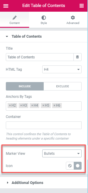 Elementor Pro Toc Bullet Option