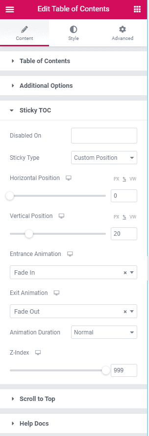 Powerpack Toc Sticky Options