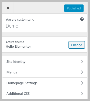 Hello Elementor Theme Customizer