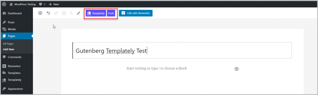 Templately Buttons In The Gutenberg Editor