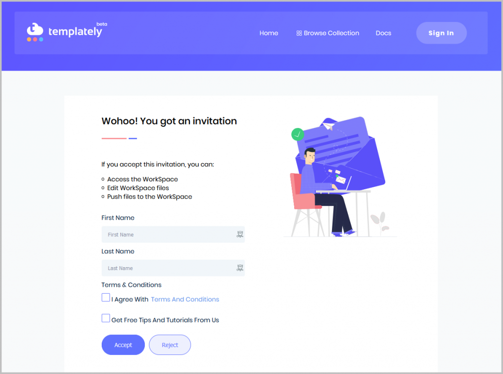 Templately Invitation Signup Screen