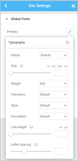 Global Fonts Typography Settings