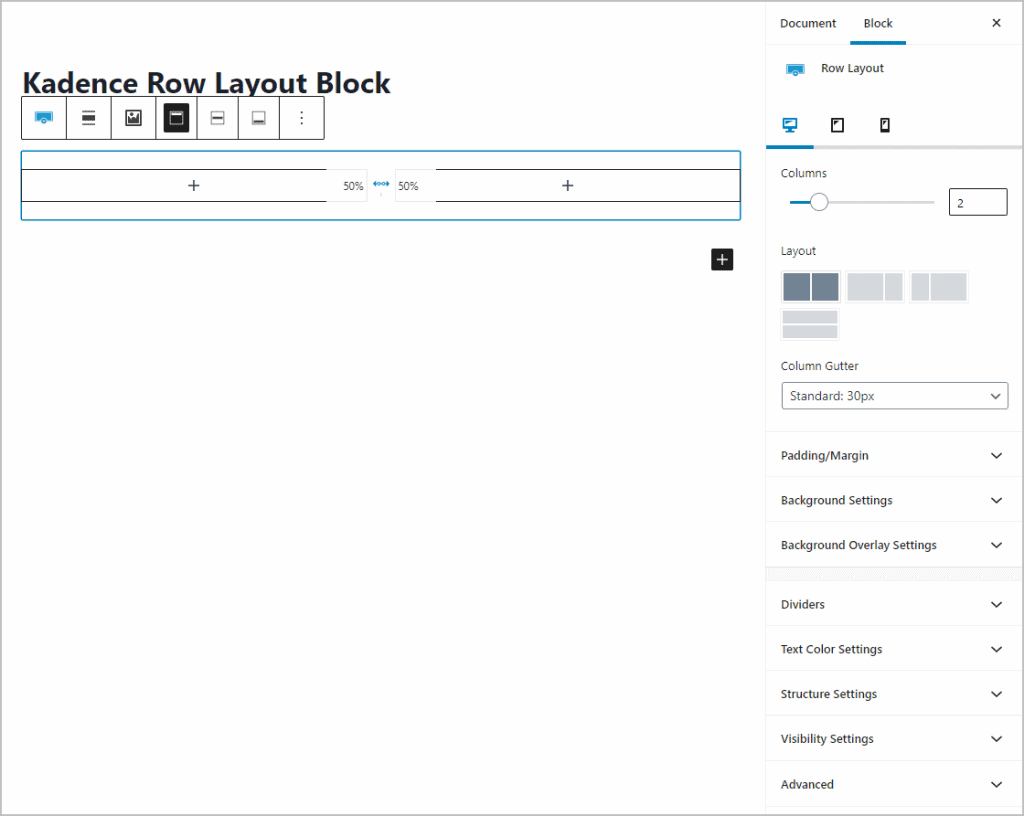 Kadence Row Layout Block Page