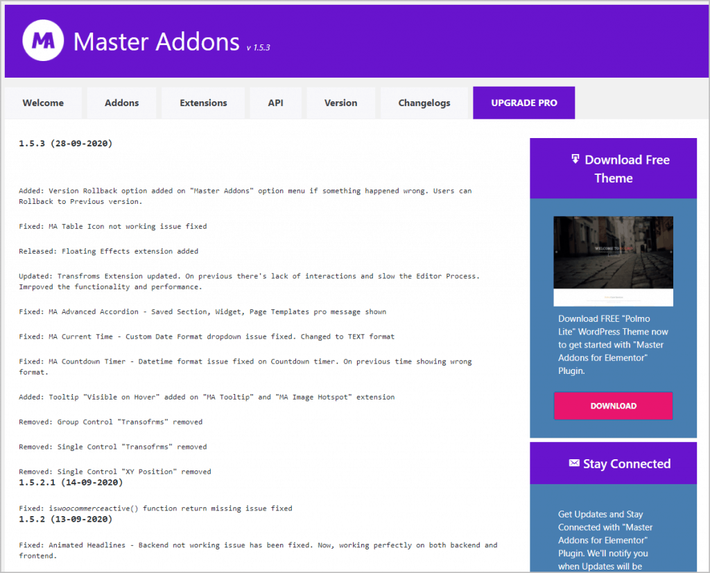 Master Addons Settings Changelogs