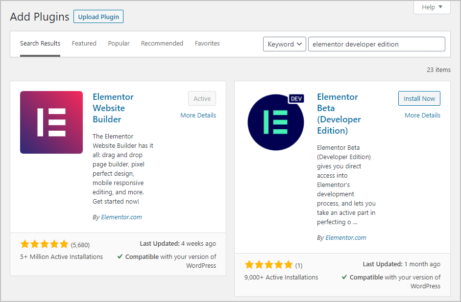 installing elementor developer edition