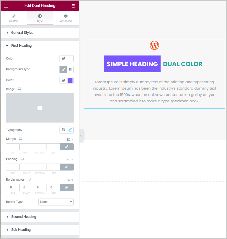 dual heading style settings