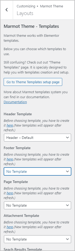 marmot theme layouts customizer