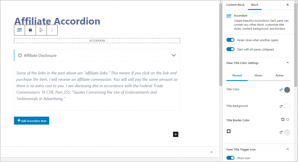 adjusting accordion settings