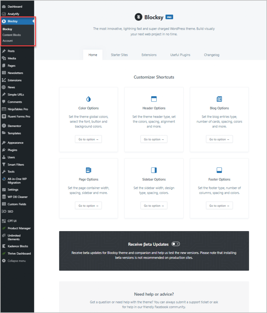 blocks menu home tab