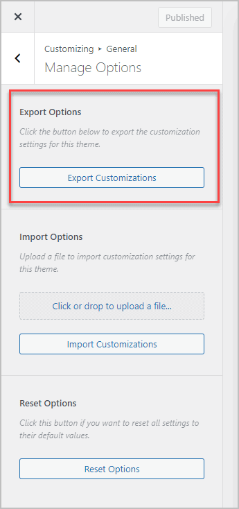 export customizer settings