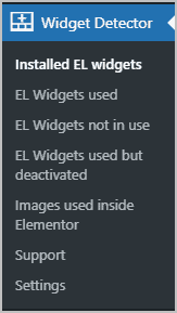 Widget Detector admin menu items