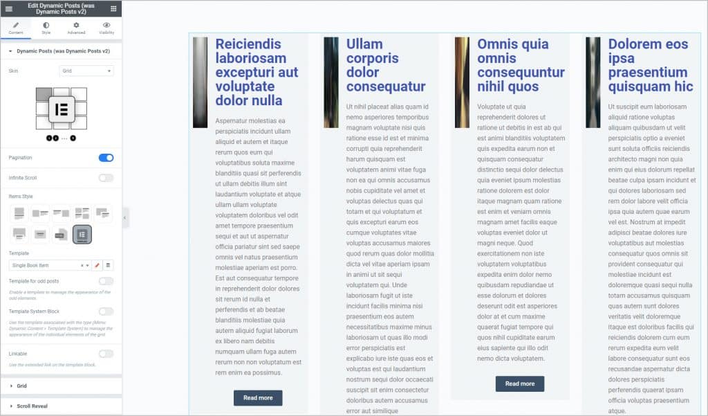 dynamic posts set item style to template and turn on pagination
