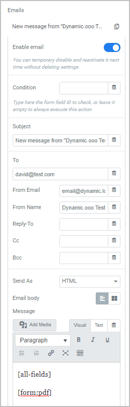dynamic email settings