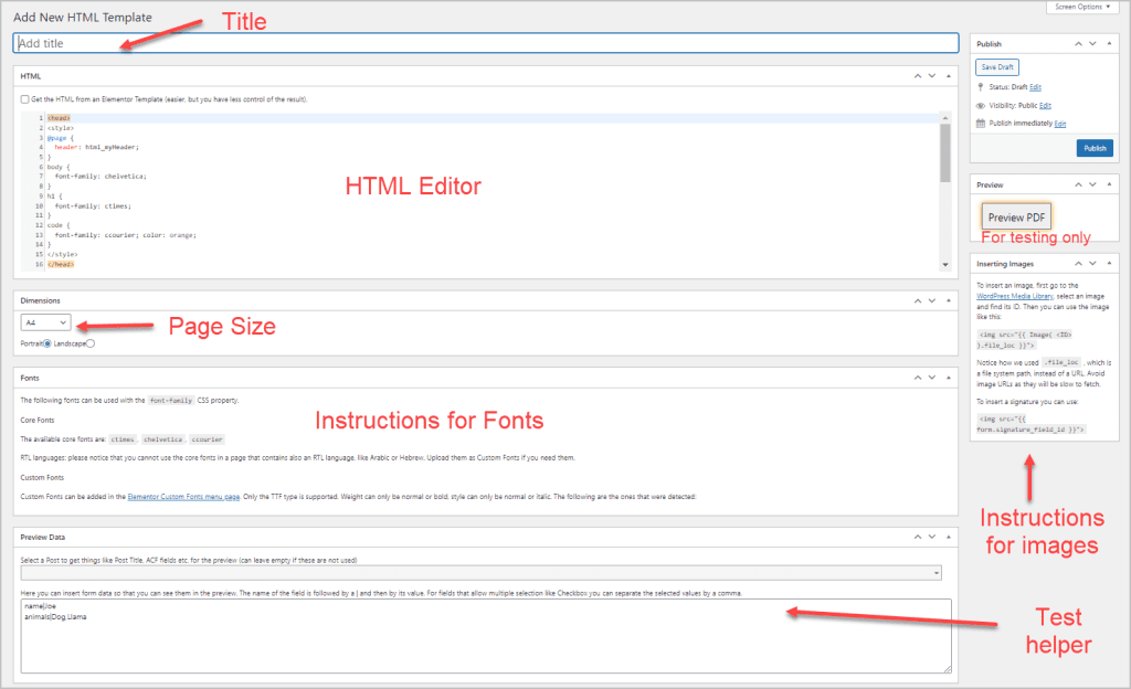 parts of the html template editor labeled