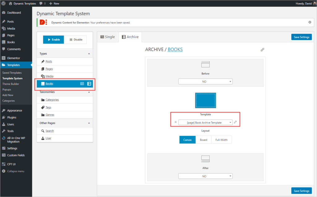 assigning archive template