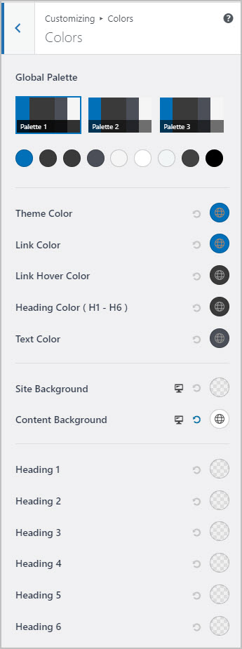 astra global colors in the customizer