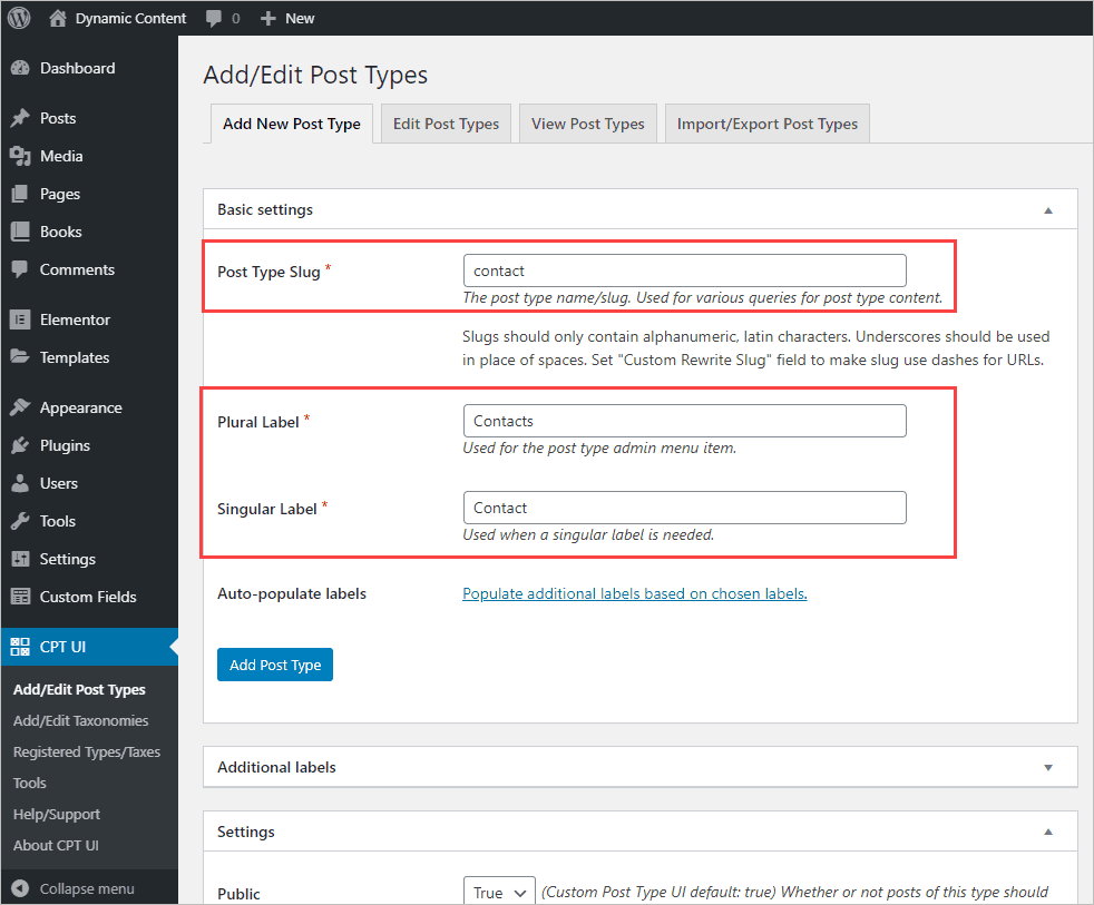 Cpt Ui Basic Settings Creating The Contact Post Type
