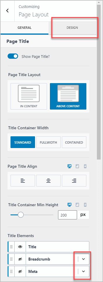 Customizer Tab And Down Arrow Option Reveals