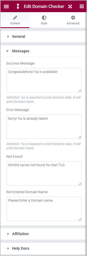 Domain Checker Message Options