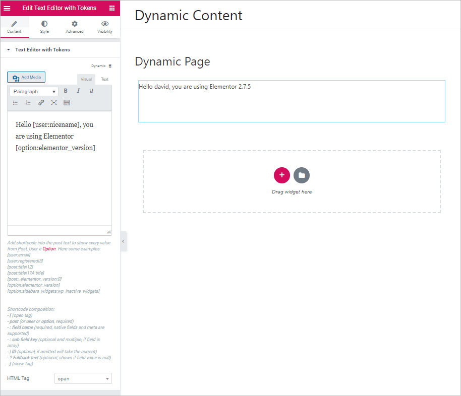 dynamic text editor with tokens example