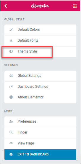 Elementor Editor Theme Style Menu