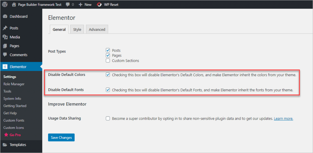 Elementor General Settings