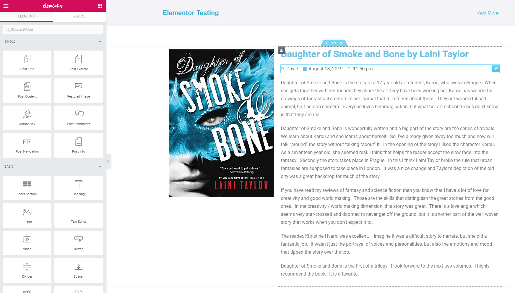 elementor single book template