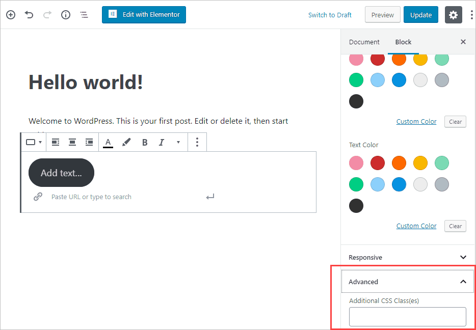 page builder framework where you add the button class in Gutenberg
