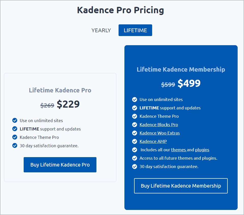 Kadence Lifetime Packages