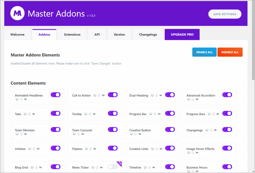 Master Addons Settings Addons